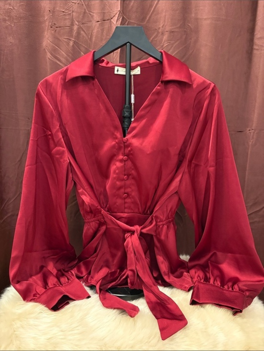 Women's Wine Button-Front Blouse with Tie Waist